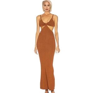 Blanc Clothing Sexy Camel Cut-Out Front Knot Spaghetti Strap Knit Maxi Dress L